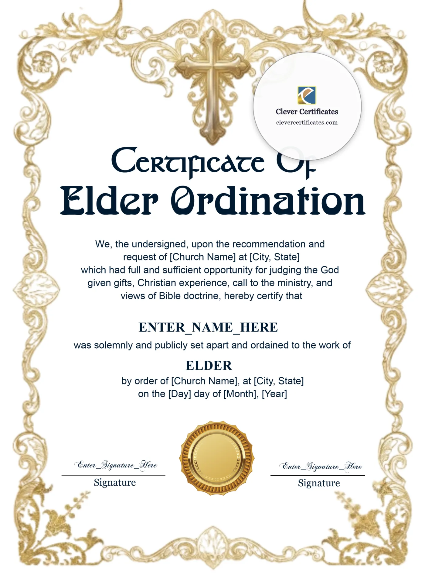 Elder Ordination Certificate Classic Gold Portrait — Certificate Template Preview