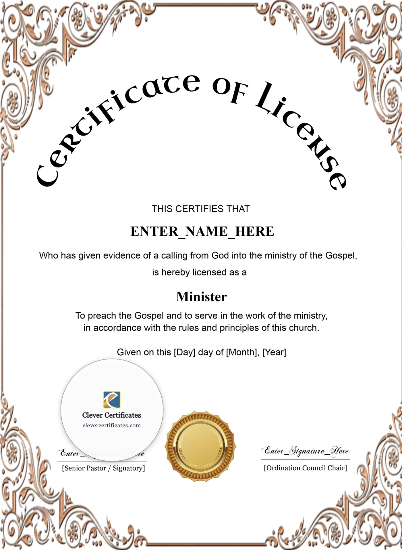 License To Preach Certificate Classic Gold Portrait — Certificate Template Preview