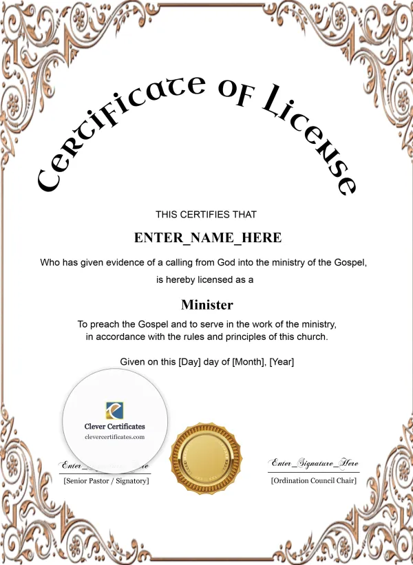 Free License to Preach Certificate — Copper Ornate Frame Portrait