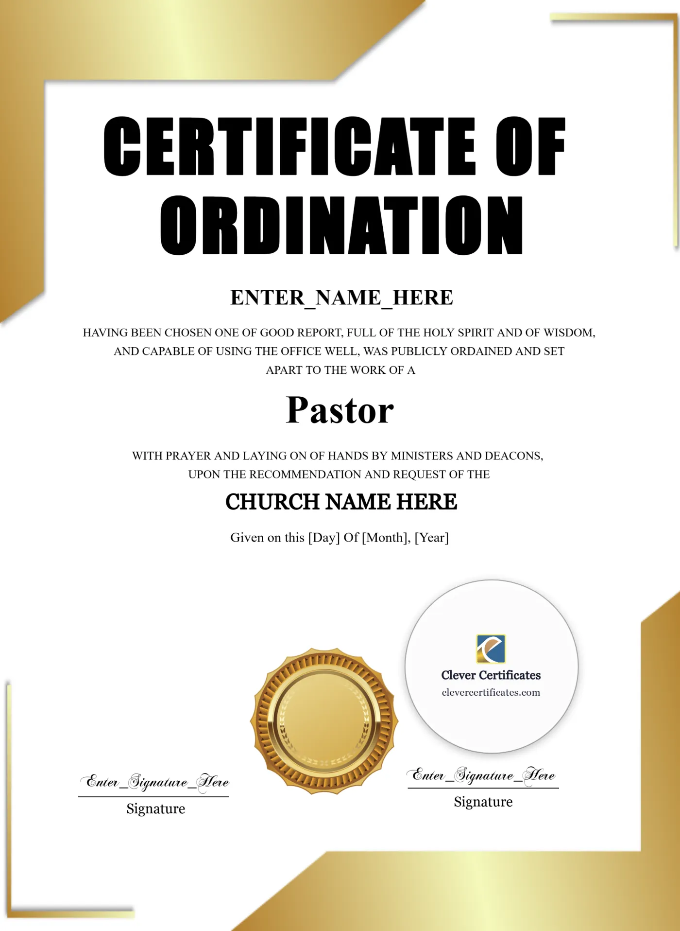 Pastor Ordination Certificate Navy Seal Portrait — Certificate Template Preview