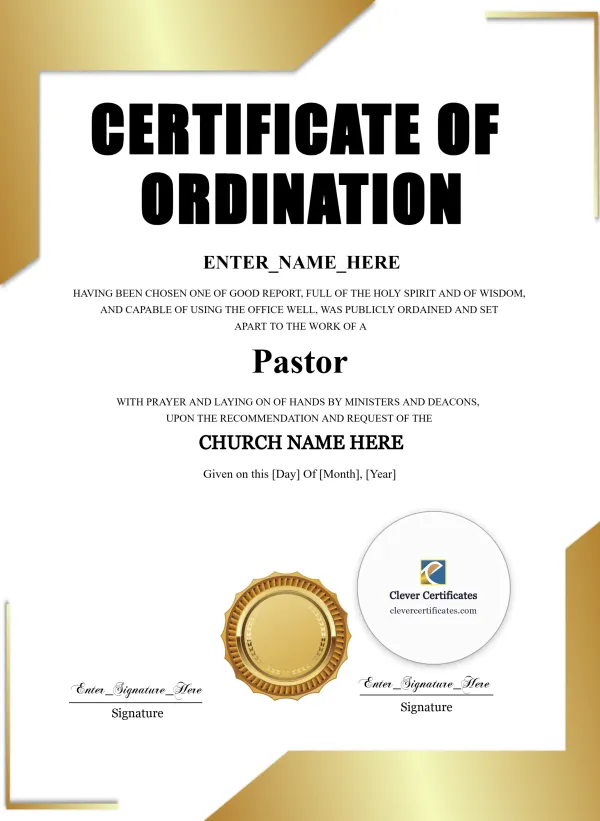 Free Pastor Ordination Certificate — Gold Corner Panels Portrait