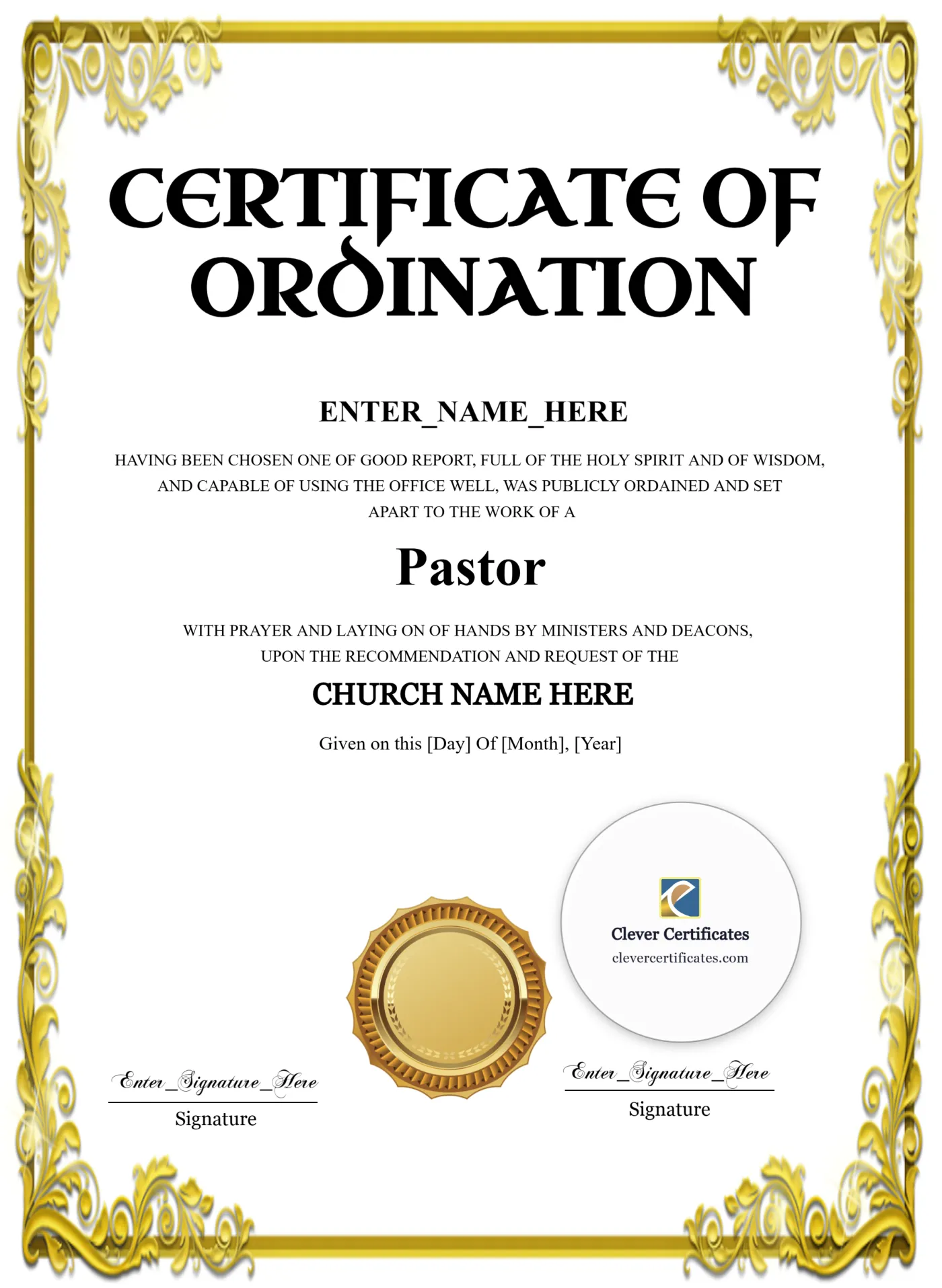 Pastor Ordination Certificate Classic Gold Portrait — Certificate Template Preview
