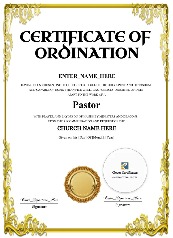 Free Pastor Ordination Certificate — Gold Baroque Frame Portrait