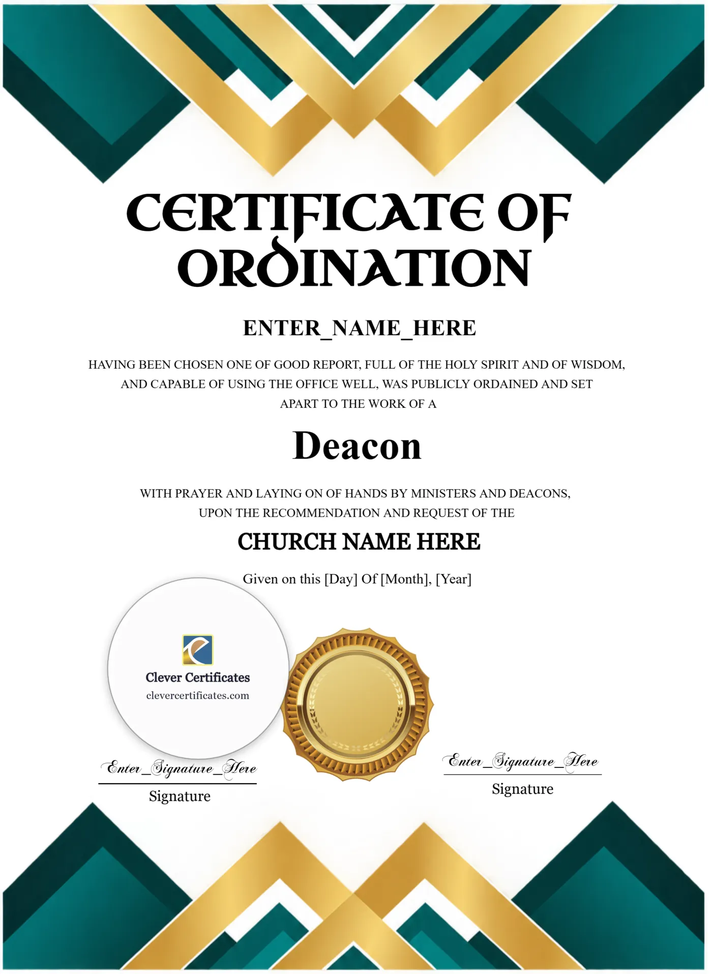 Deacon Ordination Certificate Black And Gold Portrait — Certificate Template Preview