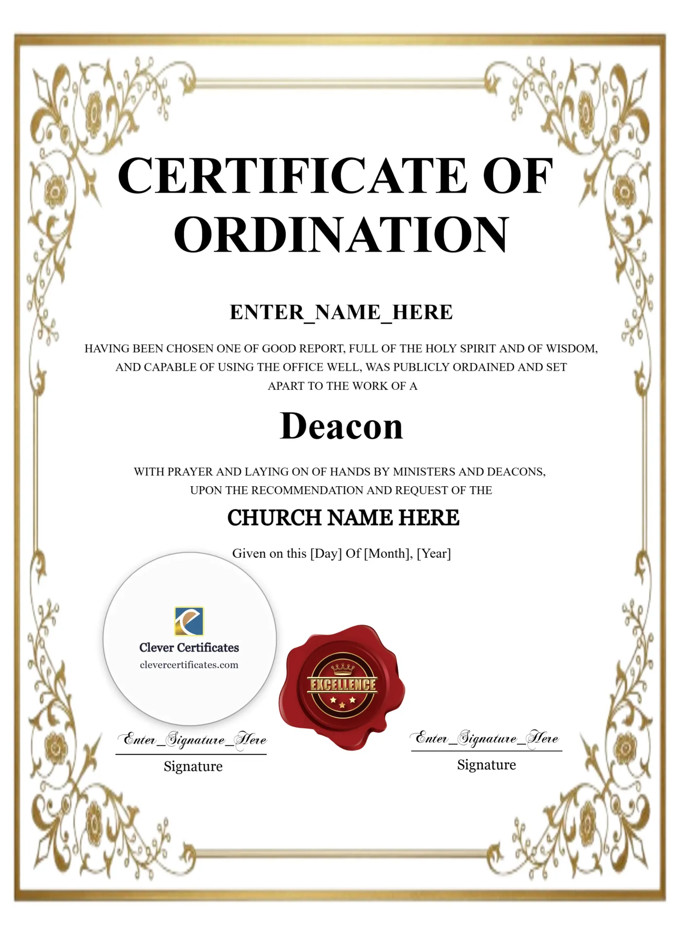 Deacon Ordination Certificate Burgundy Seal Portrait — Certificate Template Preview