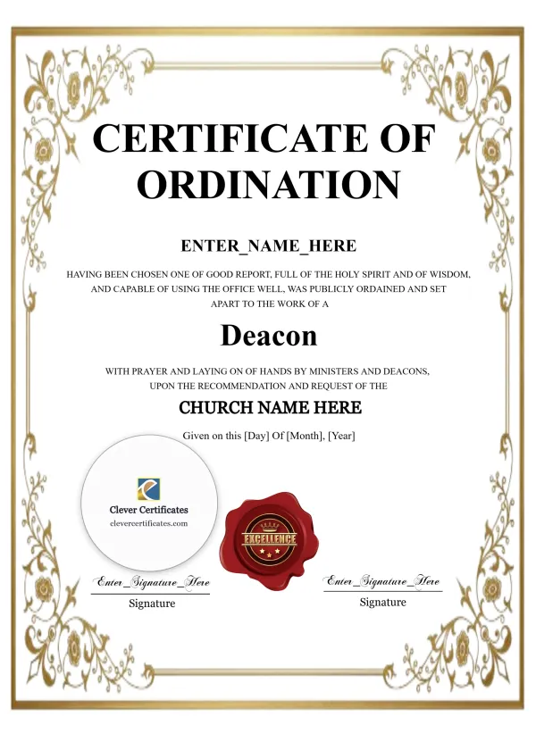 Deacon Ordination Certificate Burgundy Seal Portrait — Certificate Template Preview