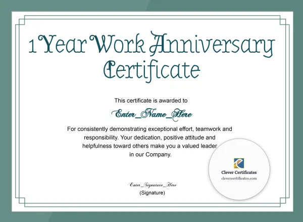 Free 1 Year Work Anniversary Certificate — Sage Green Frame Landscape