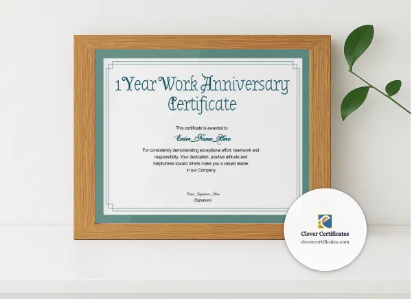Realistic mockup featuring 1 Year Work Anniversary Certificate displayed within a modern frame, set against a minimalistic background.