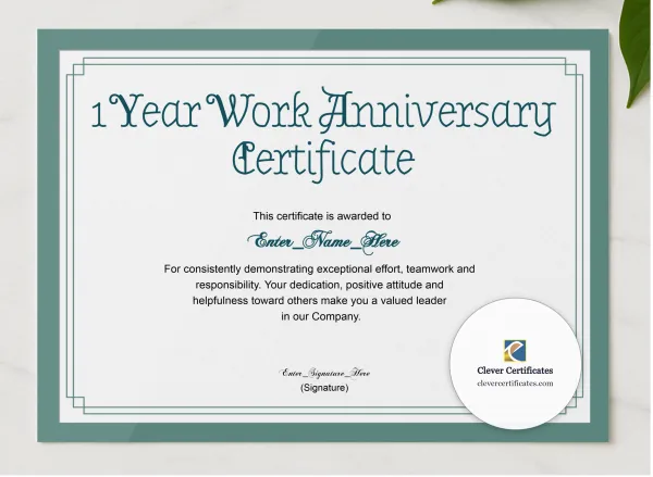 1 Year Work Anniversary Certificate presented in a sleek wooden frame, elegantly arranged on a stylish table.