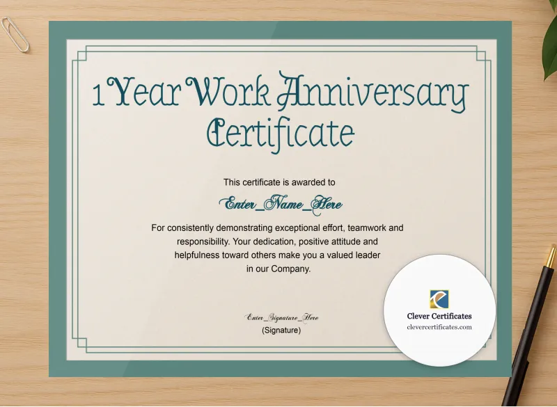 Professional preview of 1 Year Work Anniversary Certificate certificate on high-quality stationery paper, ideal for showcasing the final look.