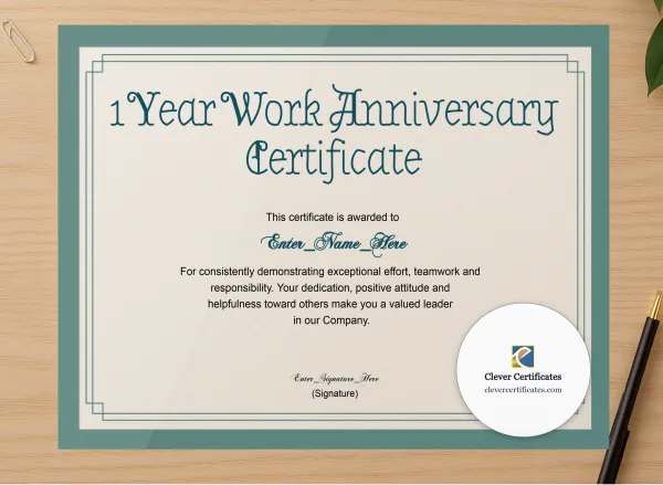 Professional preview of 1 Year Work Anniversary Certificate certificate on high-quality stationery paper, ideal for showcasing the final look.