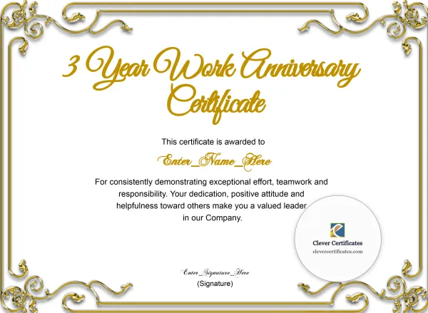 Free 3 Year Work Anniversary Certificate — Gold Ornate Frame Landscape