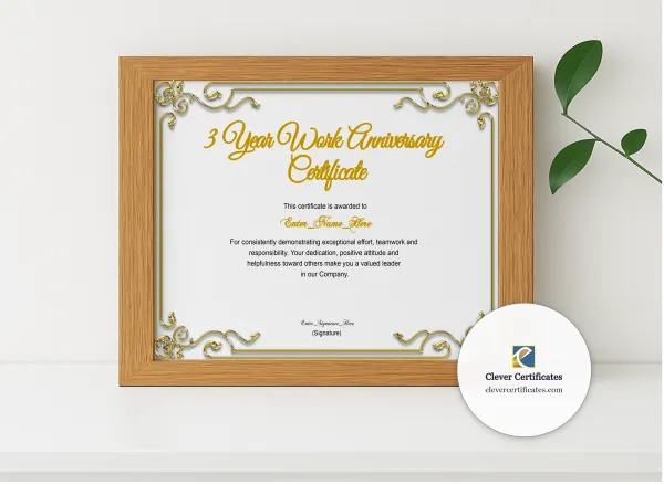 Realistic mockup featuring 3 Years Of Service Award Certificate displayed within a modern frame, set against a minimalistic background.