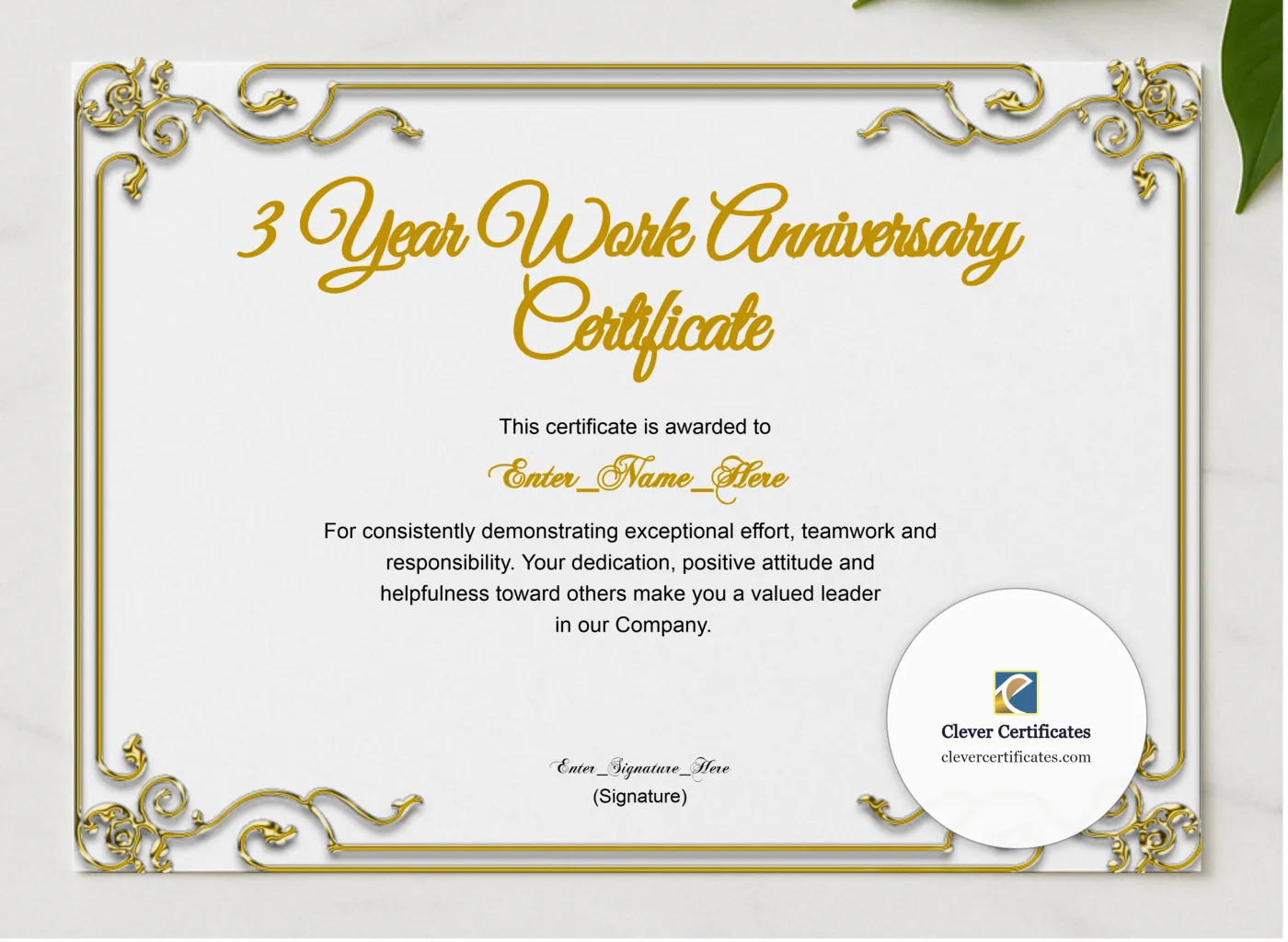 3 Years Of Service Award Certificate presented in a sleek wooden frame, elegantly arranged on a stylish table.