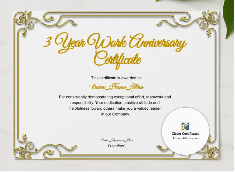 3 Years Of Service Award Certificate presented in a sleek wooden frame, elegantly arranged on a stylish table.