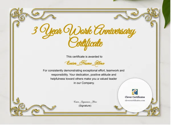 3 Years Of Service Award Certificate presented in a sleek wooden frame, elegantly arranged on a stylish table.
