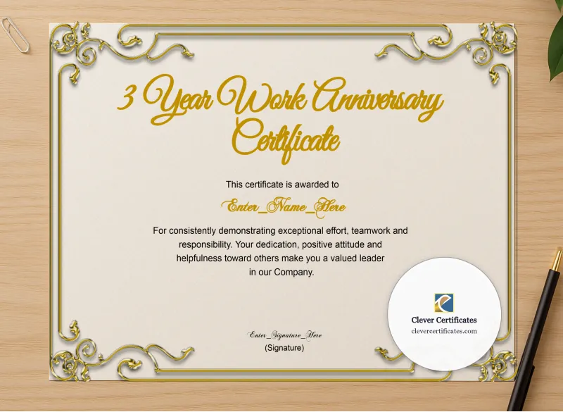 Professional preview of 3 Years Of Service Award Certificate certificate on high-quality stationery paper, ideal for showcasing the final look.