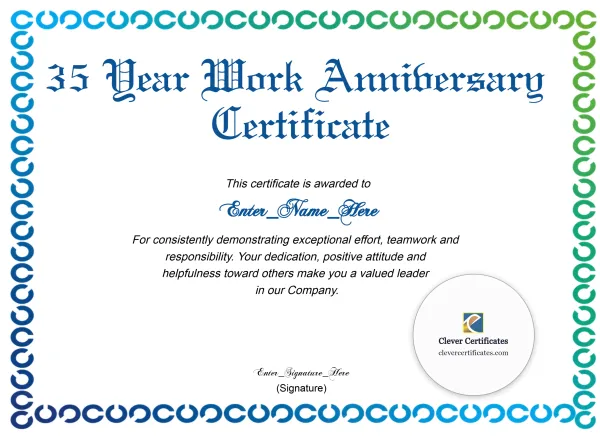 Free 35 Year Work Anniversary Certificate — Blue Green Chain Landscape
