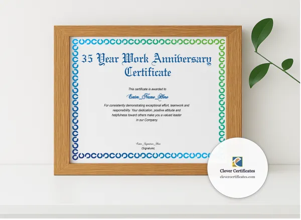 Realistic mockup featuring 35 Years Of Service Award Certificate displayed within a modern frame, set against a minimalistic background.