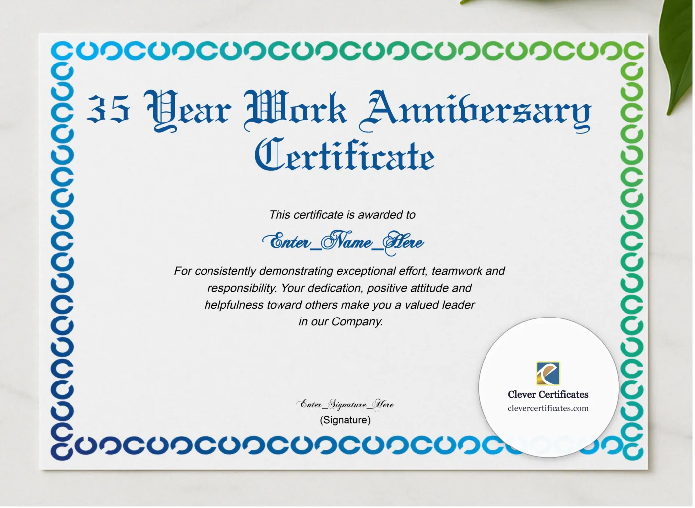 35 Years Of Service Award Certificate presented in a sleek wooden frame, elegantly arranged on a stylish table.