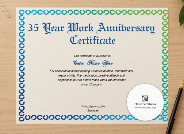 Professional preview of 35 Years Of Service Award Certificate certificate on high-quality stationery paper, ideal for showcasing the final look.