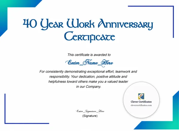 Free 40 Year Work Anniversary Certificate — Blue Gradient Corners Landscape
