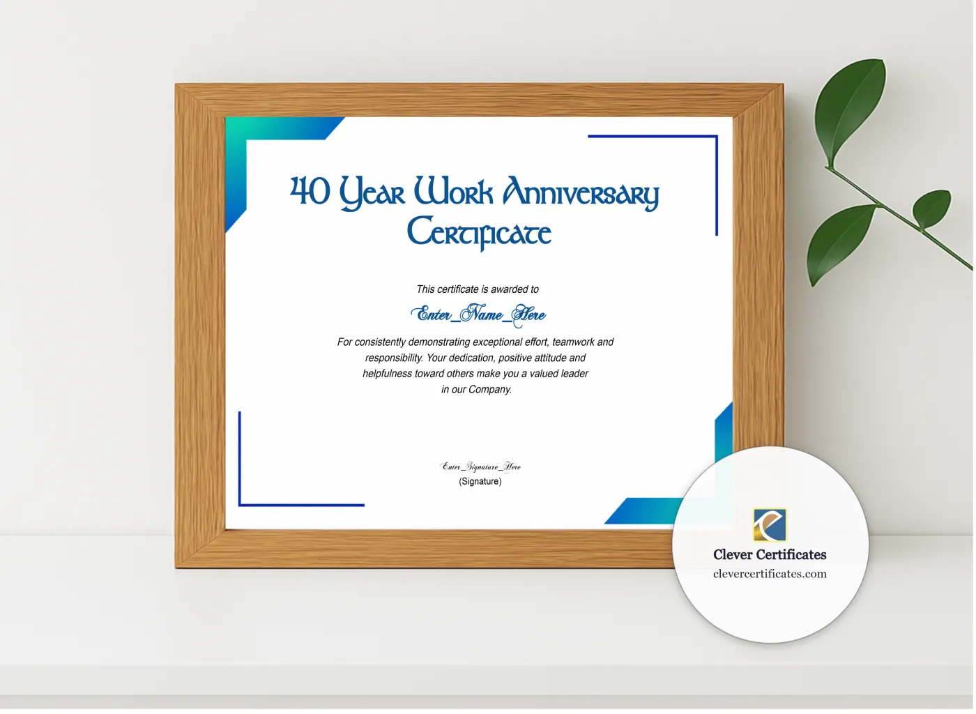 Realistic mockup featuring 40 Years Of Service Award Certificate displayed within a modern frame, set against a minimalistic background.