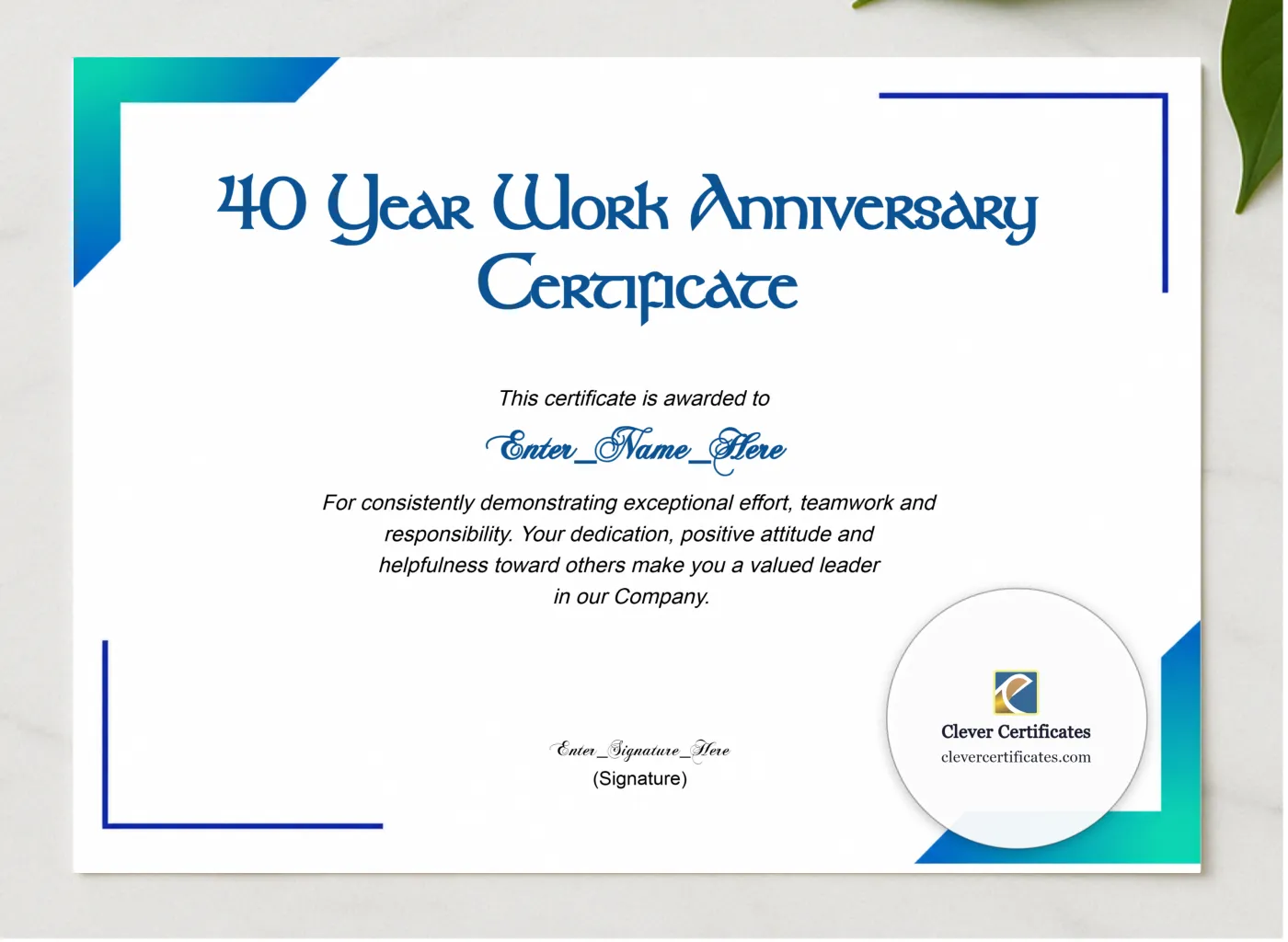 40 Years Of Service Award Certificate presented in a sleek wooden frame, elegantly arranged on a stylish table.