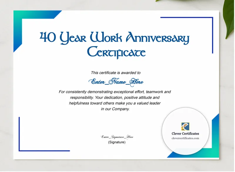 40 Years Of Service Award Certificate presented in a sleek wooden frame, elegantly arranged on a stylish table.