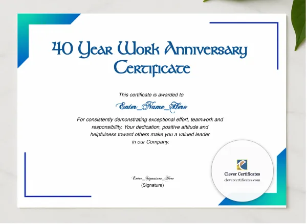 40 Years Of Service Award Certificate presented in a sleek wooden frame, elegantly arranged on a stylish table.