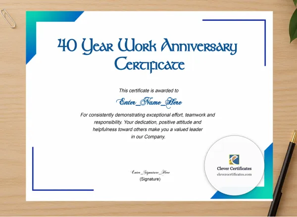 Professional preview of 40 Years Of Service Award Certificate certificate on high-quality stationery paper, ideal for showcasing the final look.