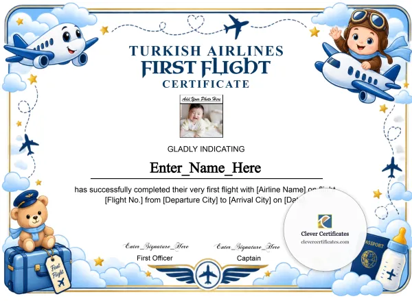 Free Turkish Airlines Kids First Flight Certificate — Teddy Pilot Landscape
