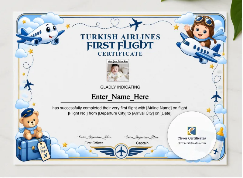 Turkish Airlines Kids First Flight Certificate presented in a sleek wooden frame, elegantly arranged on a stylish table.