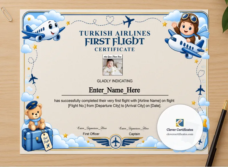 Professional preview of Turkish Airlines Kids First Flight Certificate certificate on high-quality stationery paper, ideal for showcasing the final look.