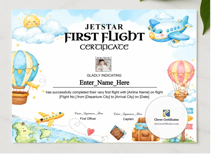 Jetstar First Flight Certificate With Photo presented in a sleek wooden frame, elegantly arranged on a stylish table.