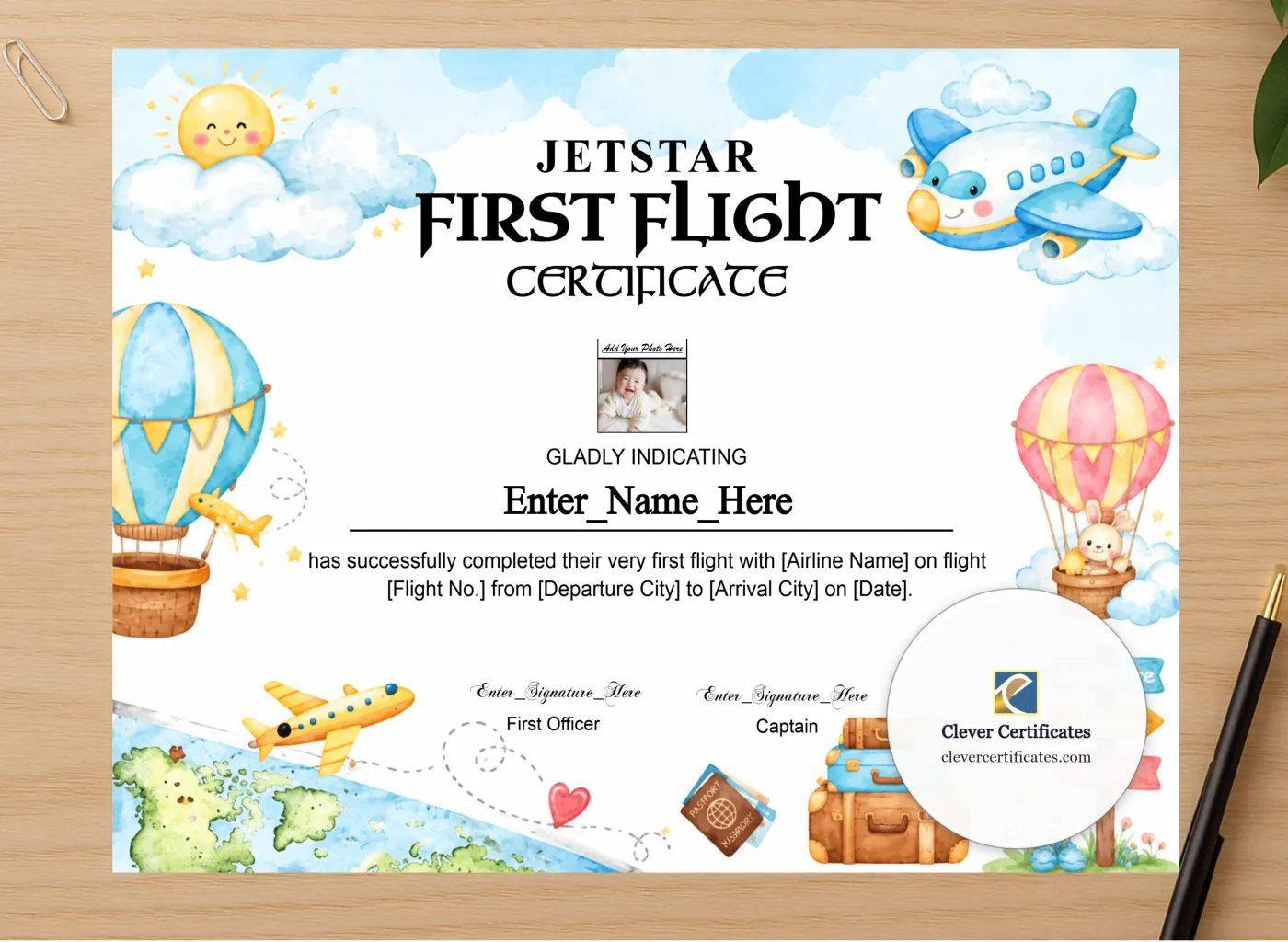 Professional preview of Jetstar First Flight Certificate With Photo certificate on high-quality stationery paper, ideal for showcasing the final look.