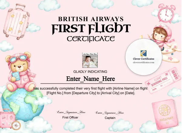 Free British Airways First Flight Certificate with Photo — Teddy Landscape