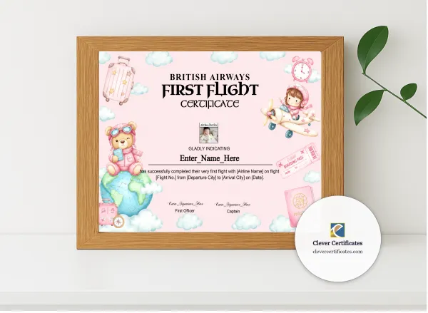 Realistic mockup featuring British Airways First Flight Certificate With Photo displayed within a modern frame, set against a minimalistic background.