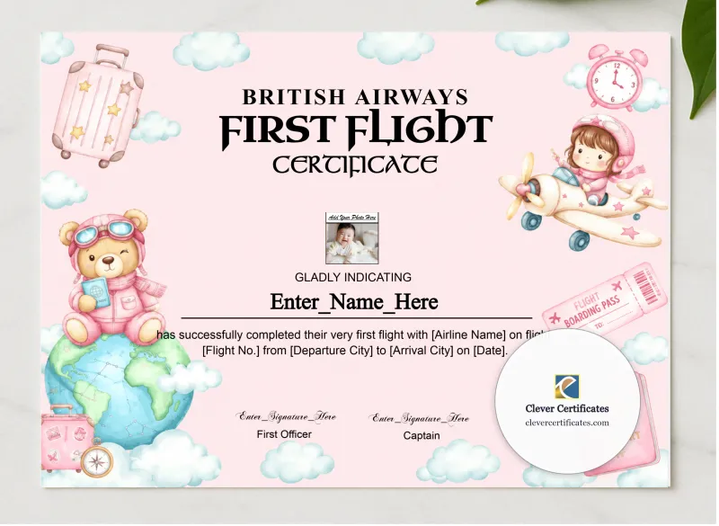 British Airways First Flight Certificate With Photo presented in a sleek wooden frame, elegantly arranged on a stylish table.