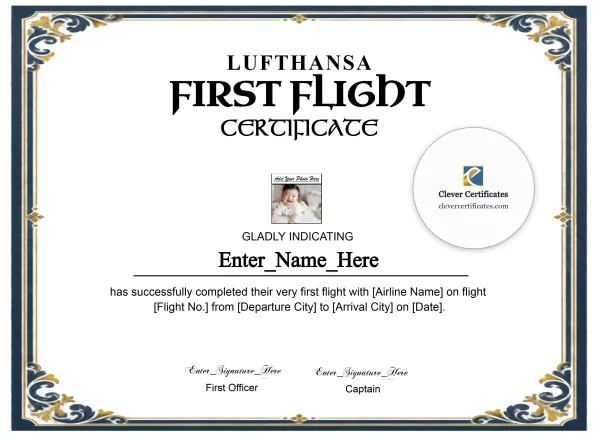 Free Lufthansa Kids First Flight Certificate — Navy and Gold Landscape