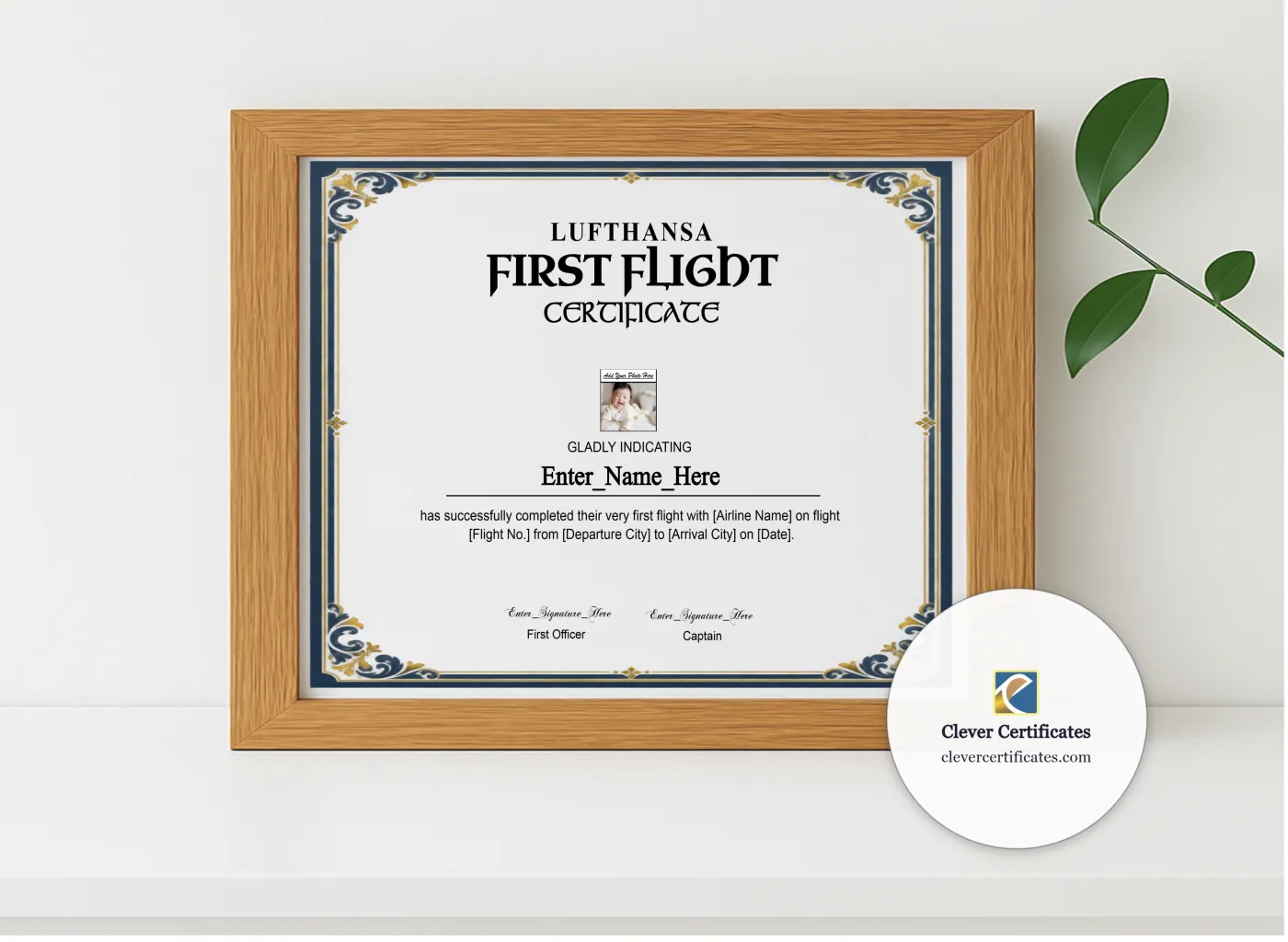 Realistic mockup featuring Lufthansa Kids First Flight Certificate displayed within a modern frame, set against a minimalistic background.