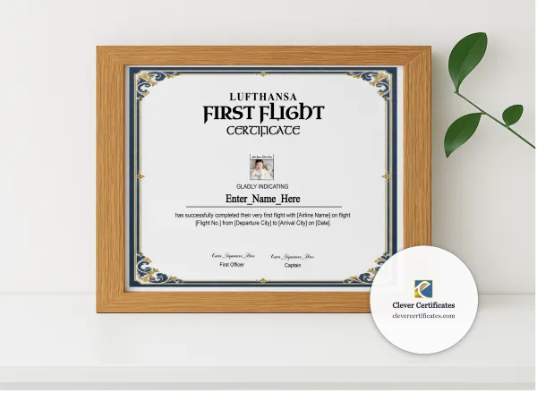 Realistic mockup featuring Lufthansa Kids First Flight Certificate displayed within a modern frame, set against a minimalistic background.