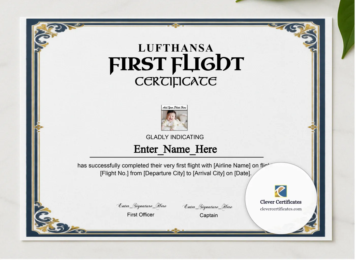 Lufthansa Kids First Flight Certificate presented in a sleek wooden frame, elegantly arranged on a stylish table.