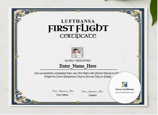 Lufthansa Kids First Flight Certificate presented in a sleek wooden frame, elegantly arranged on a stylish table.