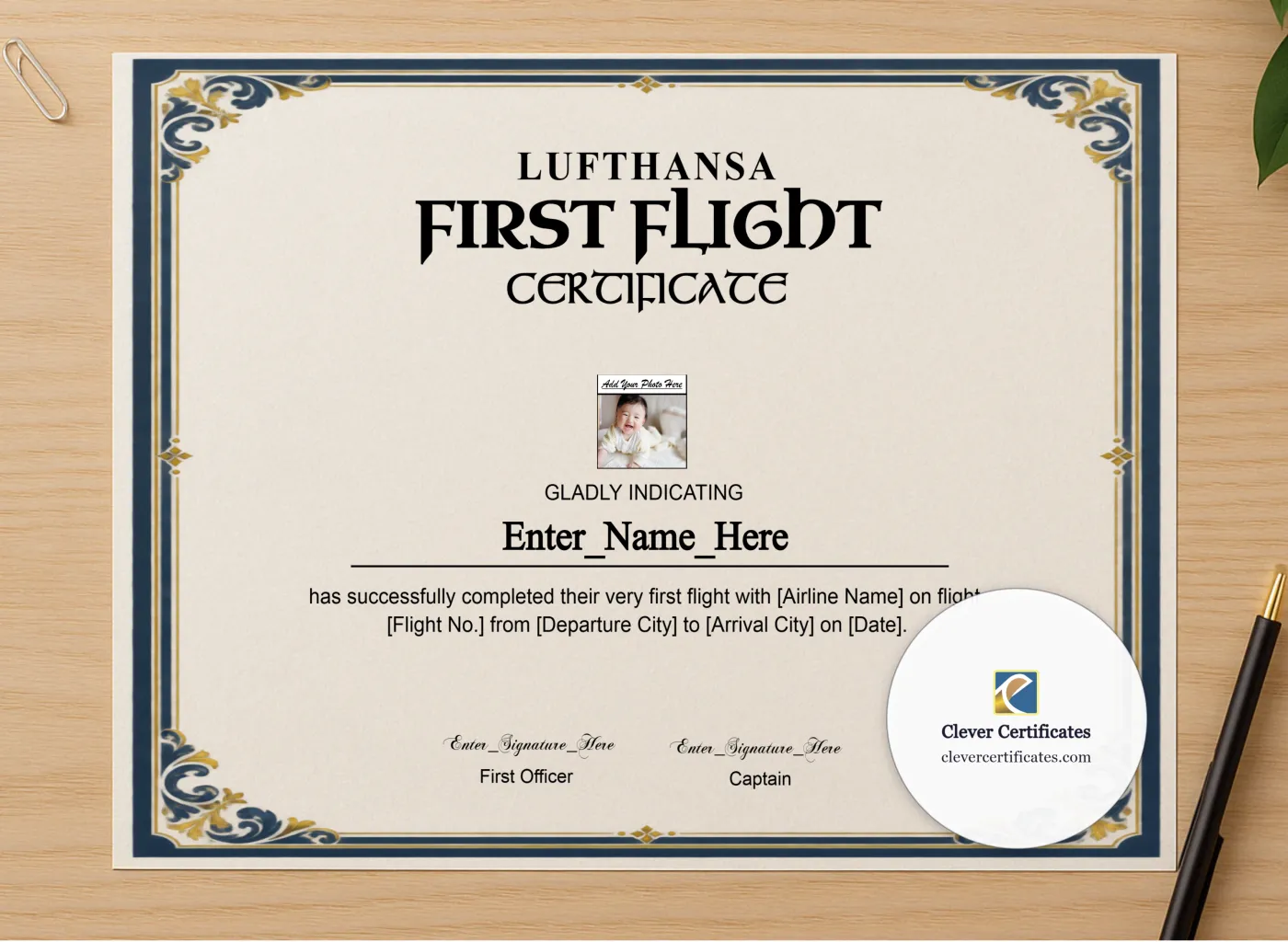 Professional preview of Lufthansa Kids First Flight Certificate certificate on high-quality stationery paper, ideal for showcasing the final look.