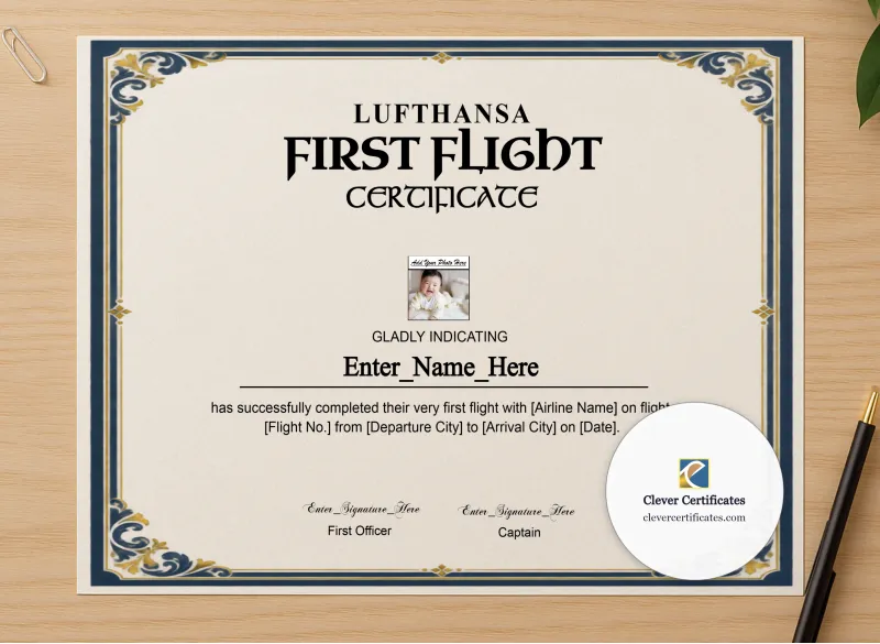 Professional preview of Lufthansa Kids First Flight Certificate certificate on high-quality stationery paper, ideal for showcasing the final look.