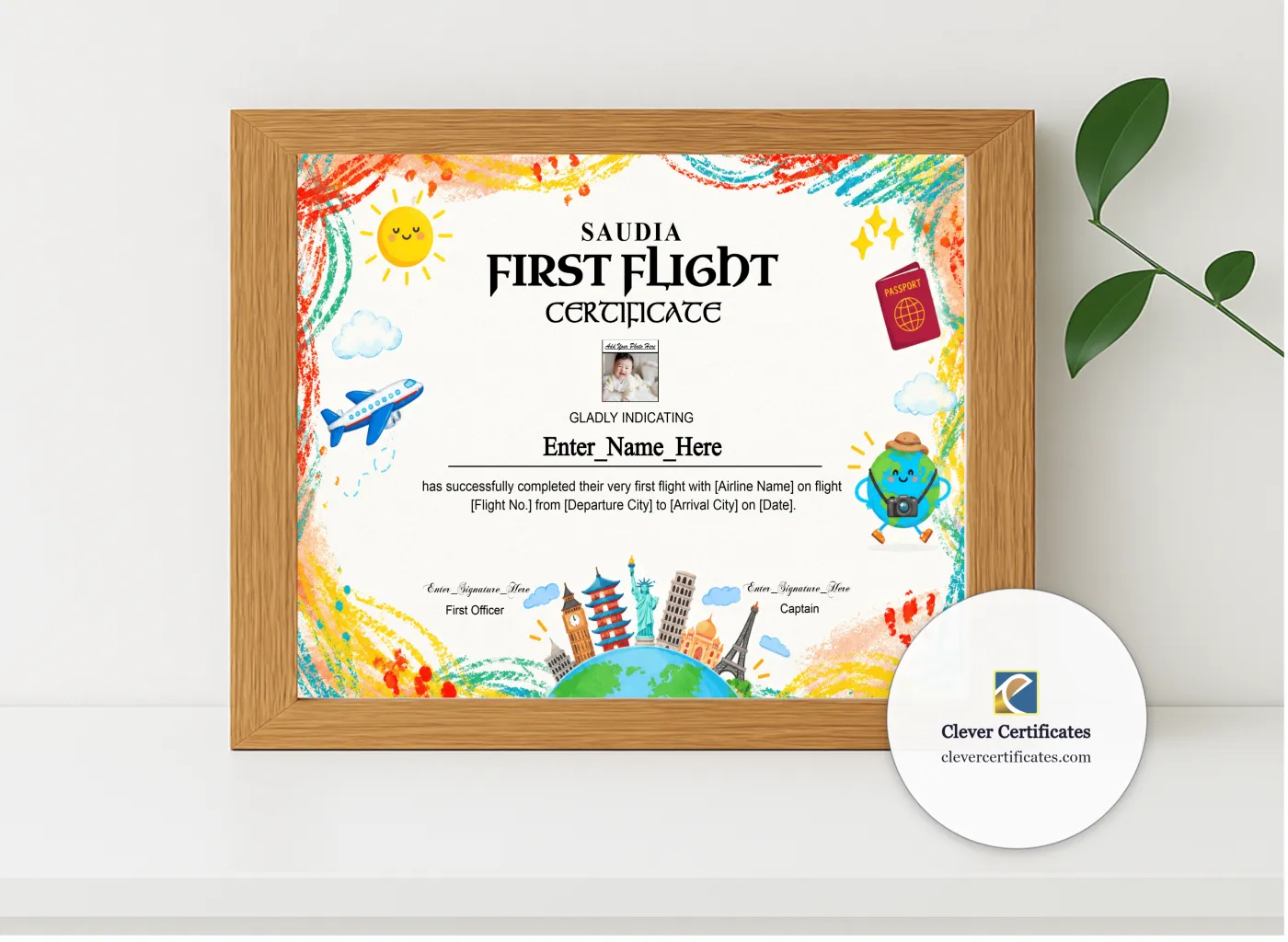 Realistic mockup featuring Saudia First Flight Certificate With Photo displayed within a modern frame, set against a minimalistic background.