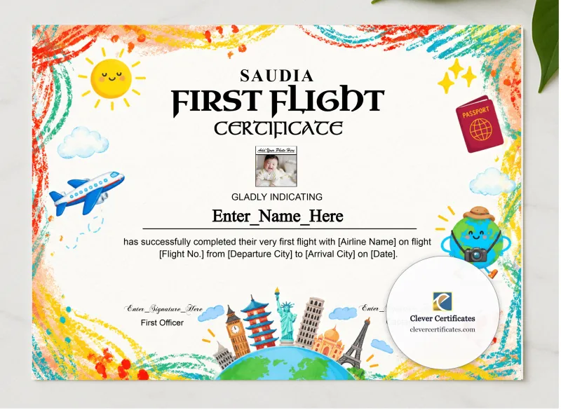 Saudia First Flight Certificate With Photo presented in a sleek wooden frame, elegantly arranged on a stylish table.