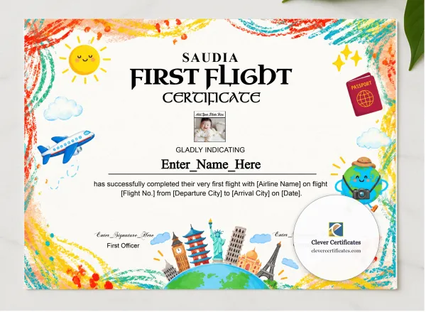 Saudia First Flight Certificate With Photo presented in a sleek wooden frame, elegantly arranged on a stylish table.