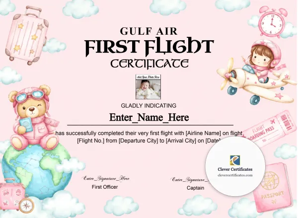Free Gulf Air Kids First Flight Certificate — Pink Teddy Landscape